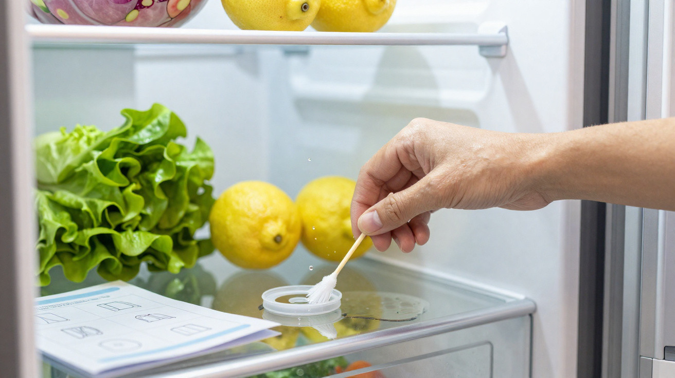 Hand cleaning fridge drip tray with cotton swab; lemons and lettuce visible inside fridge.