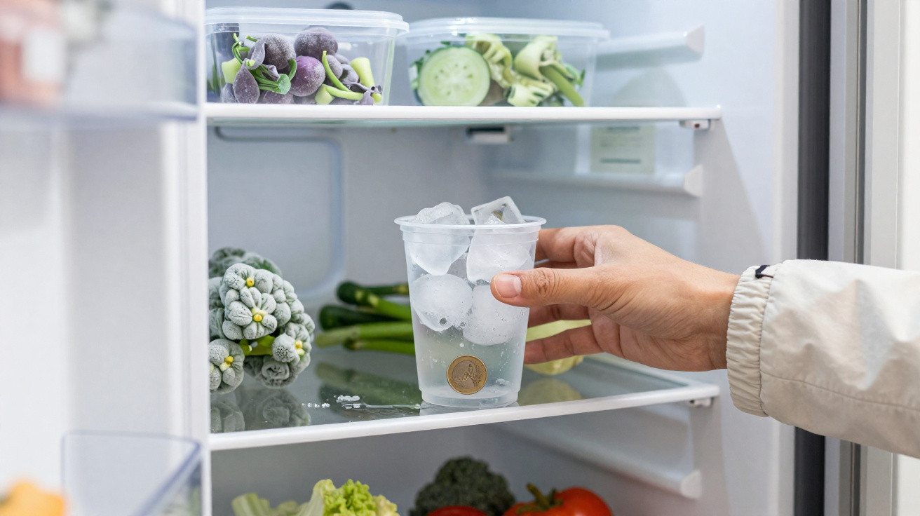 Hand taking a plastic cup with ice and a coin from a fridge shelf with vegetables inside.