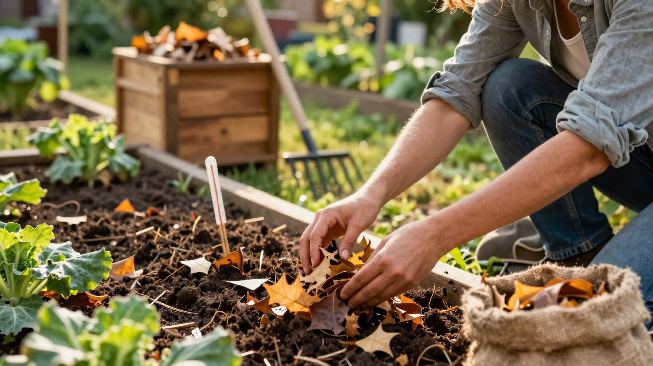 Person clearing dried autumn leaves from a vegetable garden bed on a sunny day