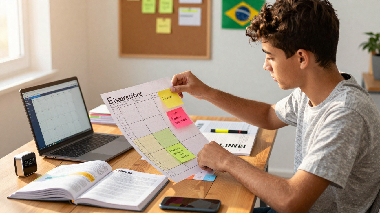 Teenage boy organising study schedule with sticky notes at wooden desk with laptop, books, and phone nearby