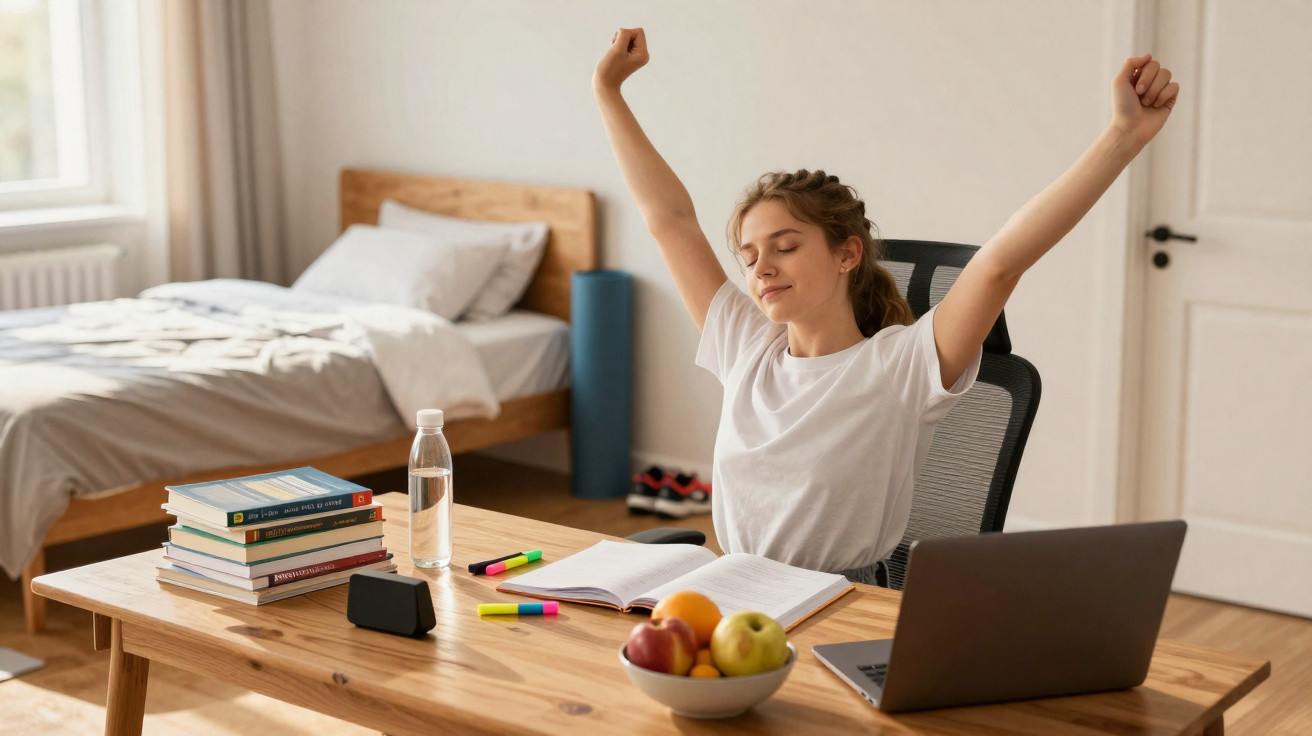 Young woman stretching at desk with laptop, books, and fruit bowl in a bright bedroom.
