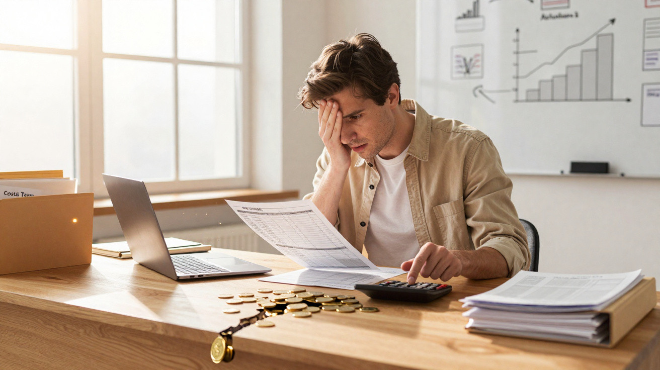 Young man looking stressed while calculating bills with a calculator at a desk covered in documents and coins.
