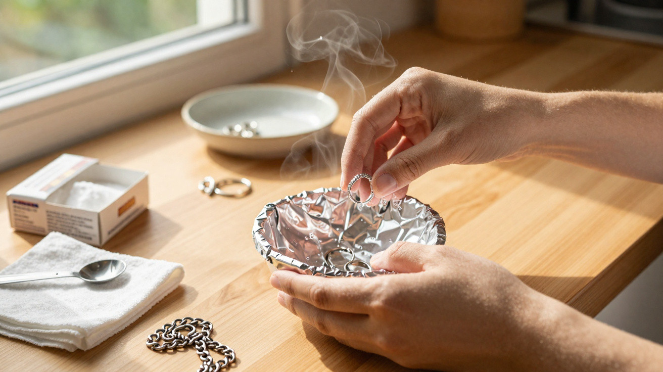 Hands holding a silver ring over a steaming aluminium bowl with jewellery on a wooden table by a window.