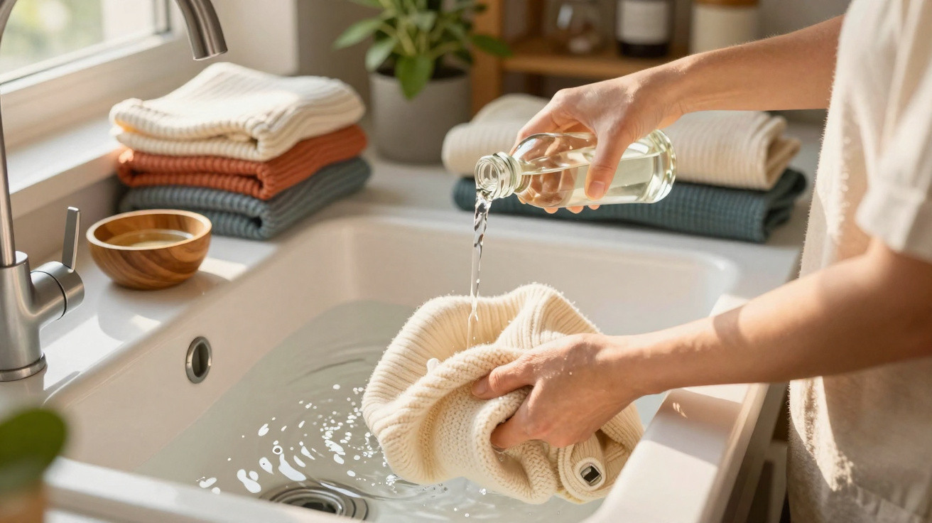 Person pouring liquid detergent onto a cream knitted garment over a white sink with folded clothes nearby.
