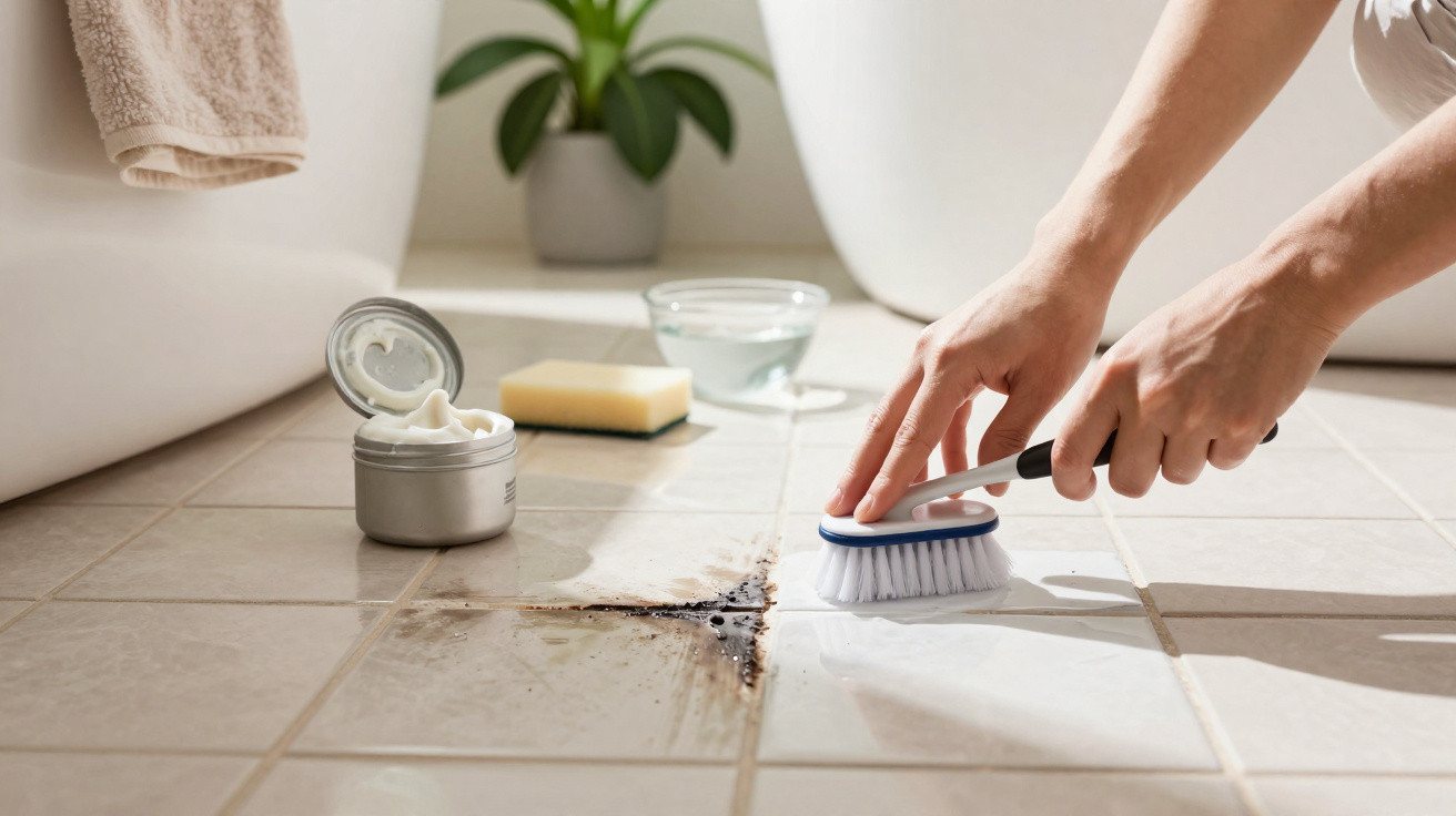Hands scrubbing a dirty tiled floor with a brush and cleaning cream, with a sponge and plant in the background.