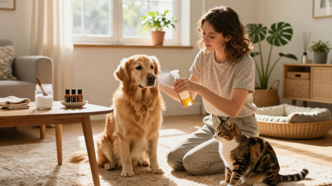 Woman spraying a golden retriever with a spray bottle while a tabby cat sits nearby on a rug in a sunny room.