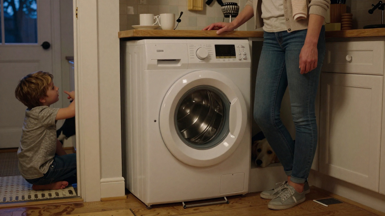 Child sitting by a doorway and an adult standing next to a front-loading washing machine in a kitchen.