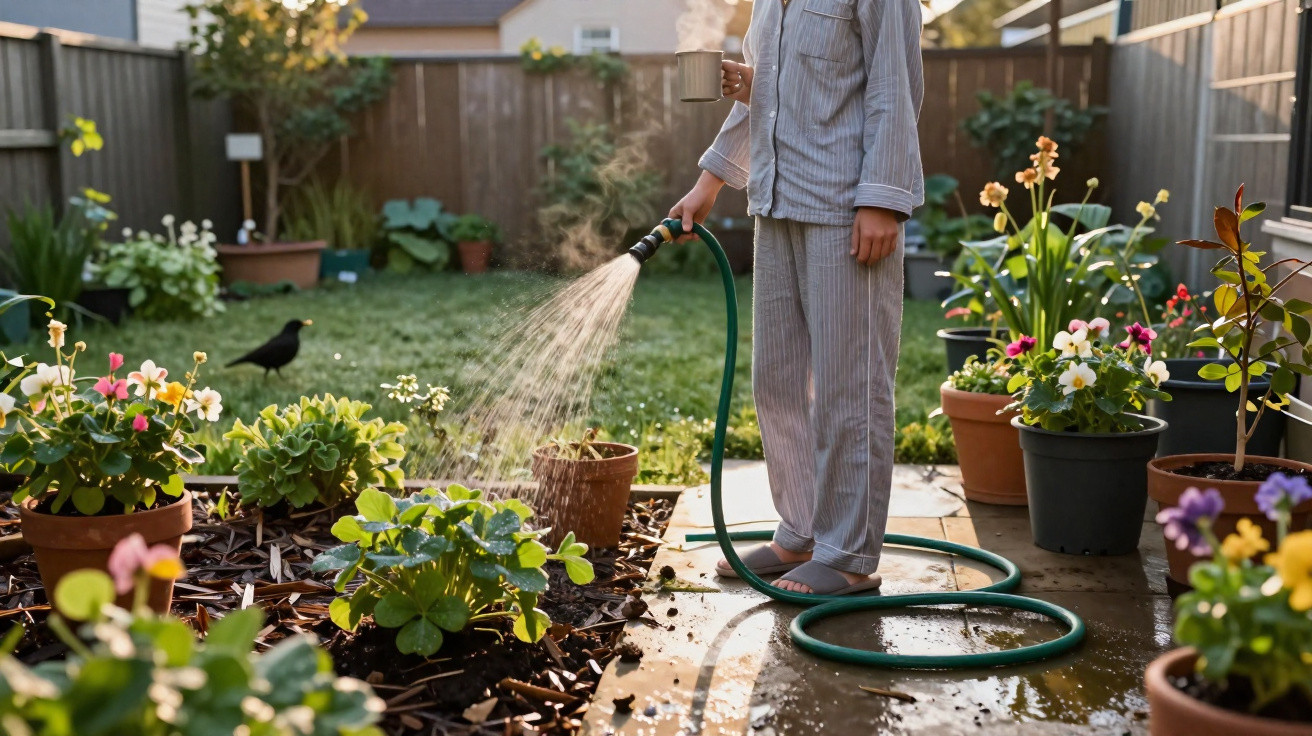 Person in striped pyjamas watering garden plants with a hose while holding a mug in a backyard.