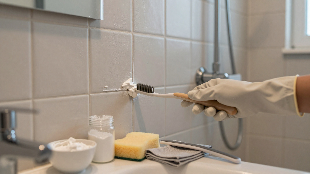 Hand in rubber glove cleaning bathroom tile grout with toothbrush, sponge, and cleaning supplies on sink edge.