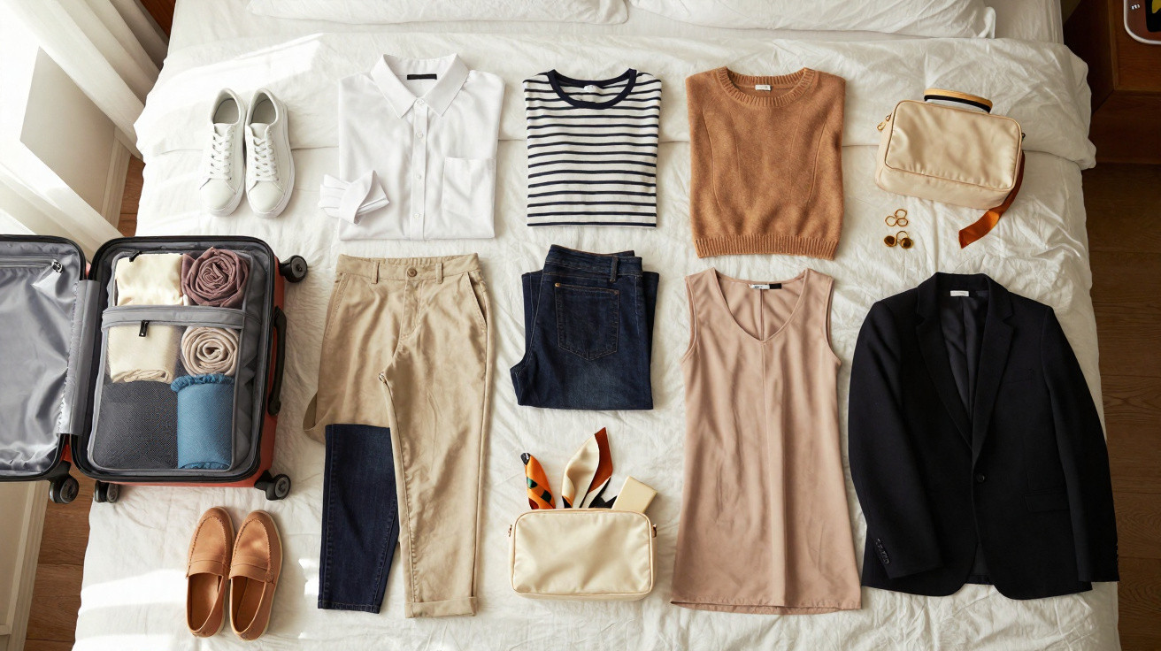 Travel outfit flat lay on a bed with neatly folded clothes, shoes, accessories, and an open packed suitcase.