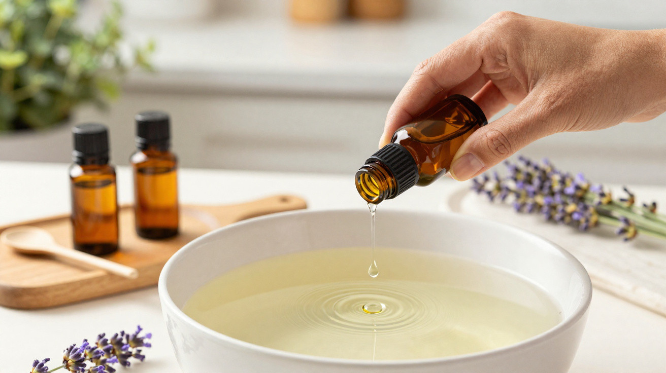 Hand pouring essential oil from a brown bottle into a bowl of water with lavender sprigs nearby.