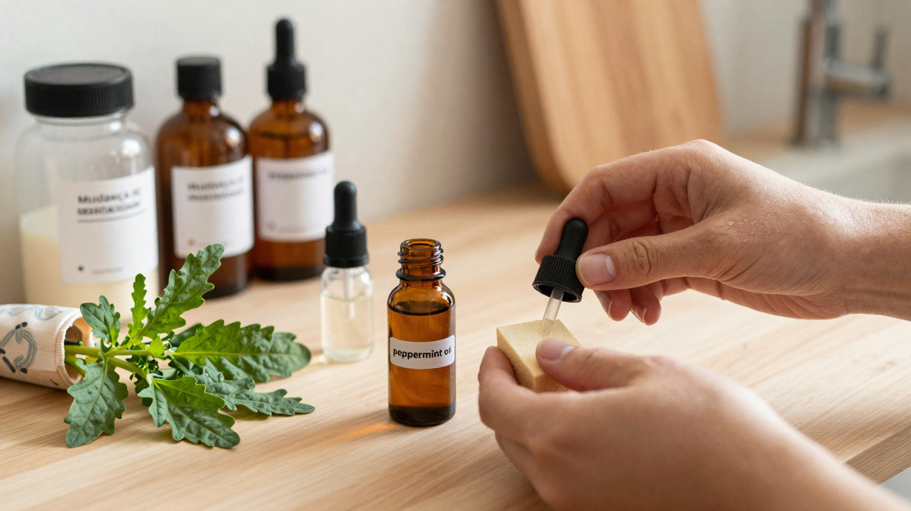 Person applying peppermint oil from a dropper bottle onto a wooden surface, with various brown bottles and green leaves nearb