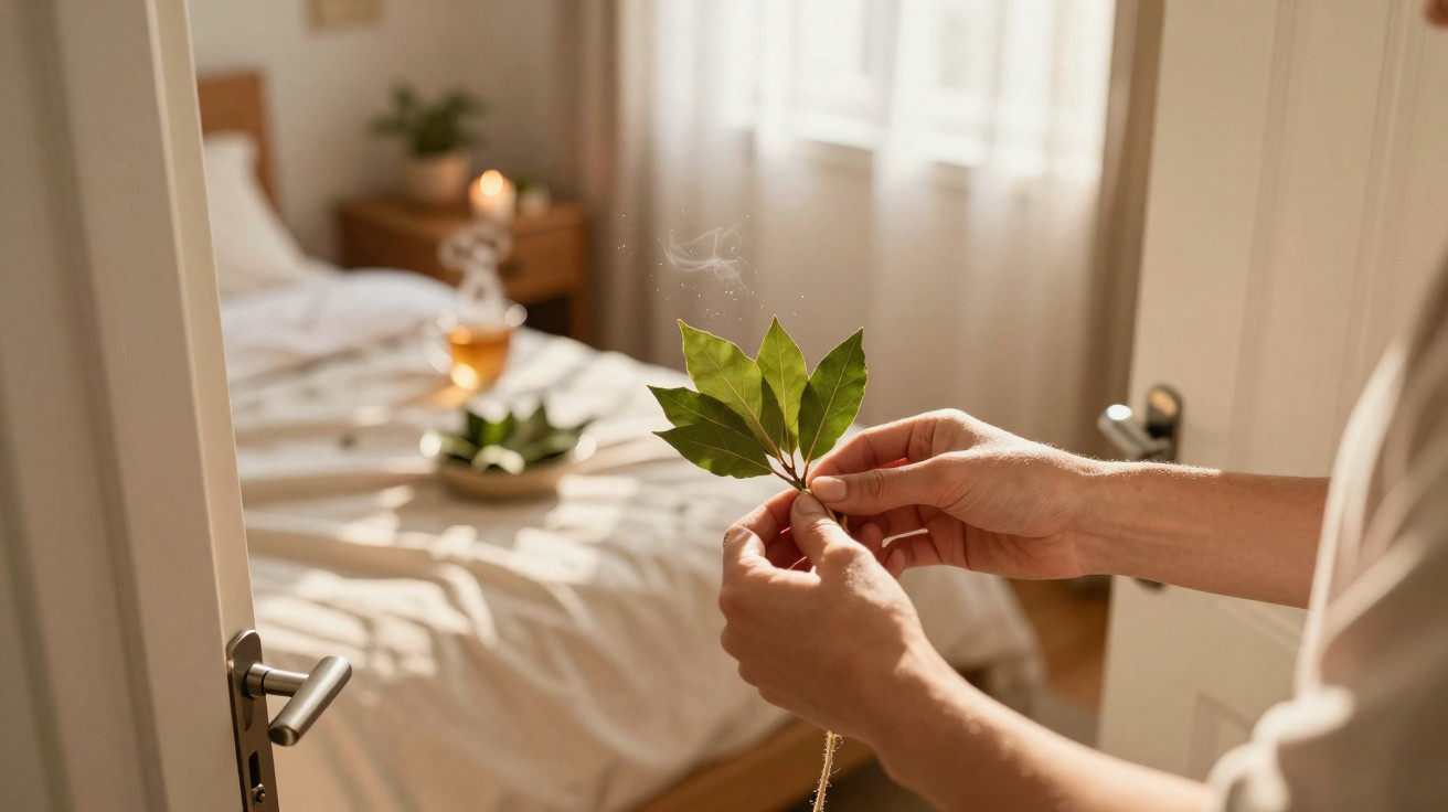 Person holding smouldering bay leaves inside a softly lit bedroom with a made bed and candle on bedside table