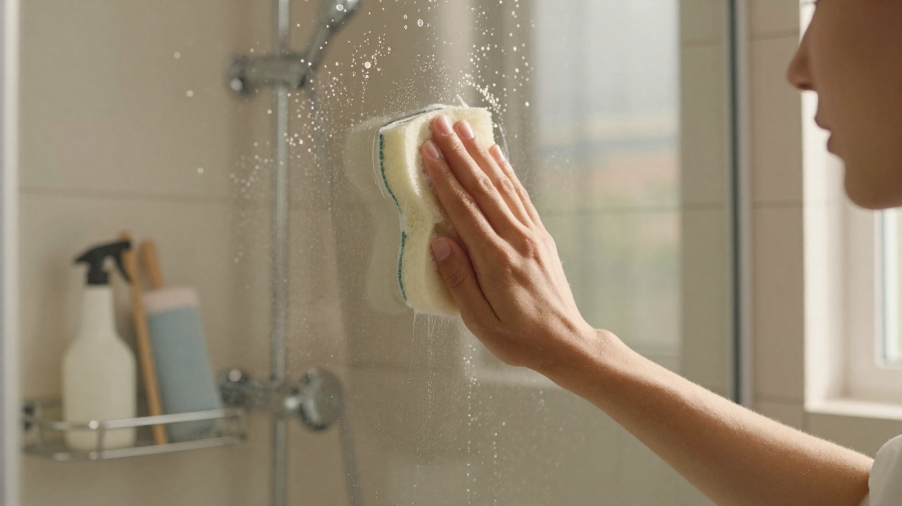 Person cleaning a glass shower door with a sponge in a tiled bathroom.