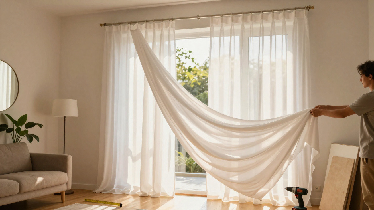 Person hanging sheer white curtains in a bright, minimalist living room with sofa and floor lamp.