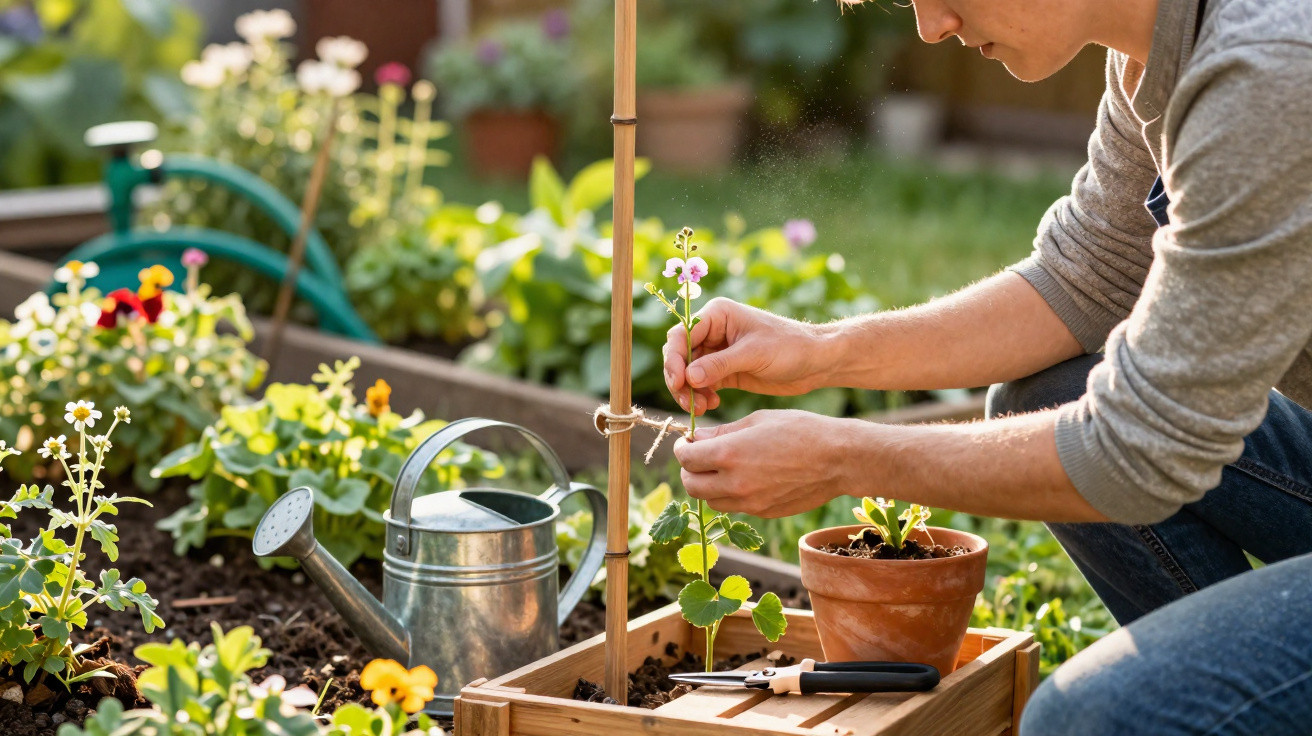Person tying a young flowering plant to a wooden stake in a garden with watering cans nearby.