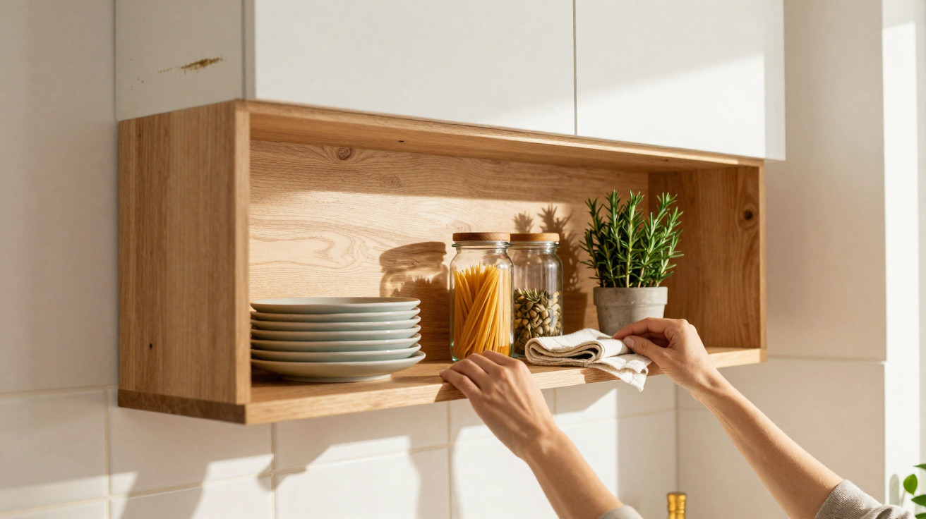 Hands placing a folded cloth on a wooden kitchen shelf holding plates, jars of pasta, and a potted plant.