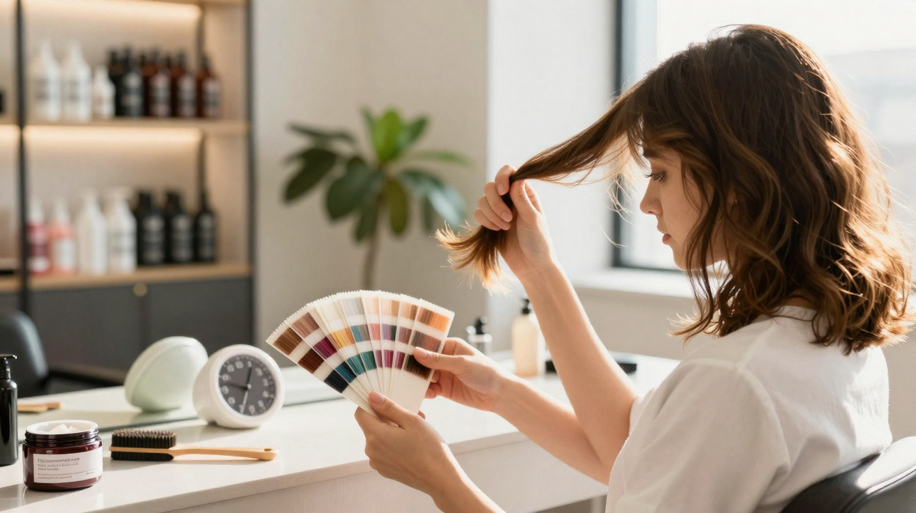 Woman in a salon holding a hair colour swatch while examining her brown shoulder-length hair.