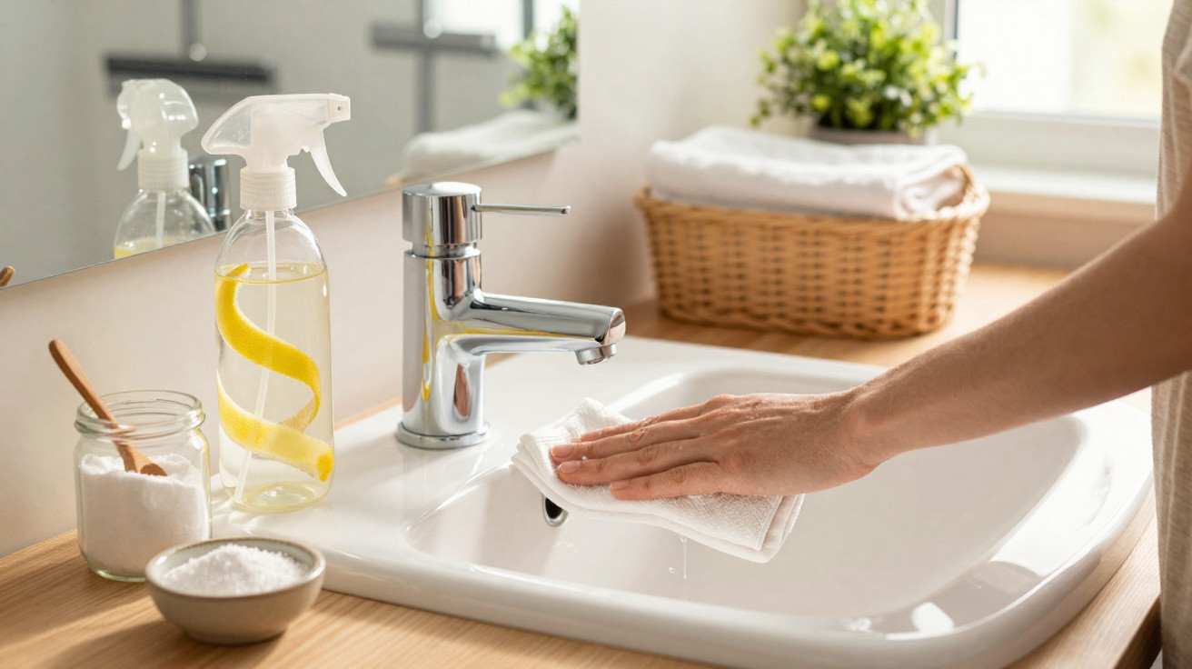 Hand wiping a white bathroom sink with a cloth, next to lemon-scented spray bottle and cleaning supplies.