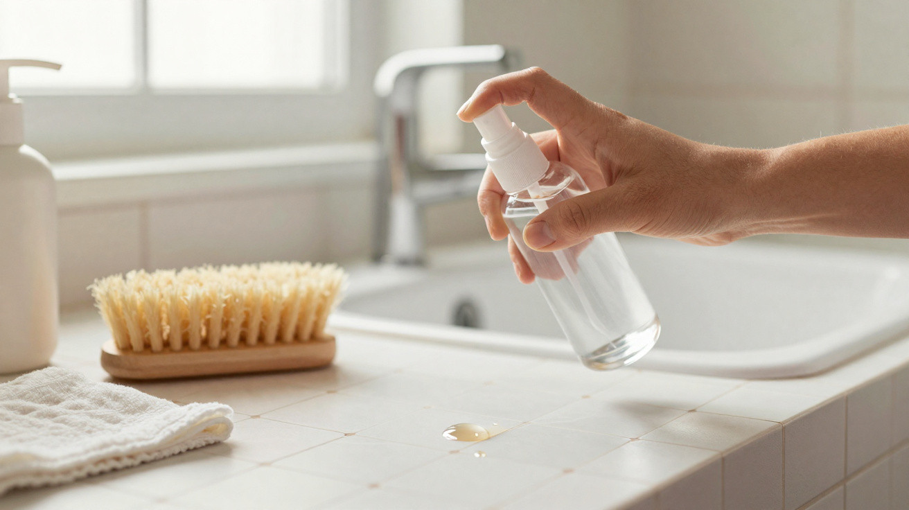 Hand spraying cleaning solution on a tiled bathroom countertop near sink and brush.
