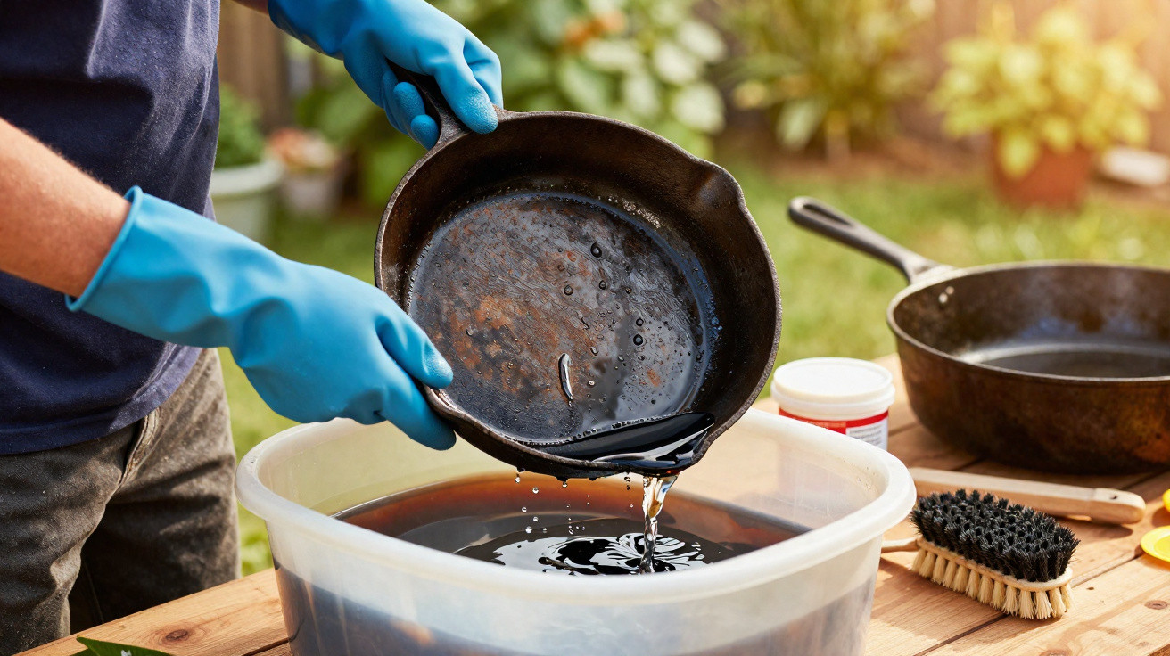 Person wearing blue gloves cleaning a cast iron pan with water over a plastic tub outside.