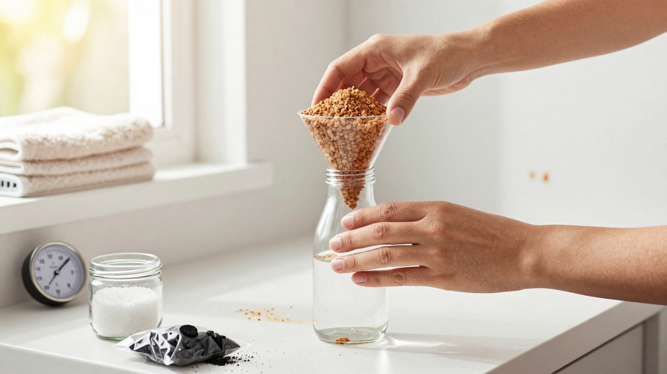 Hands pouring buckwheat through a funnel into a glass bottle on a kitchen counter by a window.