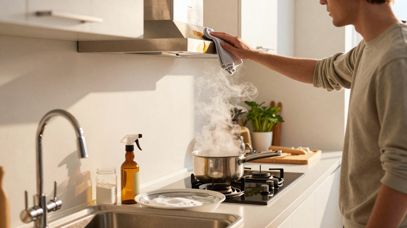 Person wiping a kitchen extractor hood above a boiling pot on a stove with steam rising.