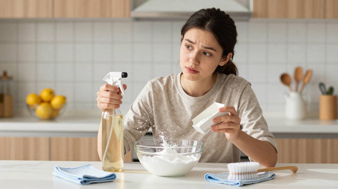 Woman adding powder to a bowl while holding a spray bottle in a modern kitchen setting