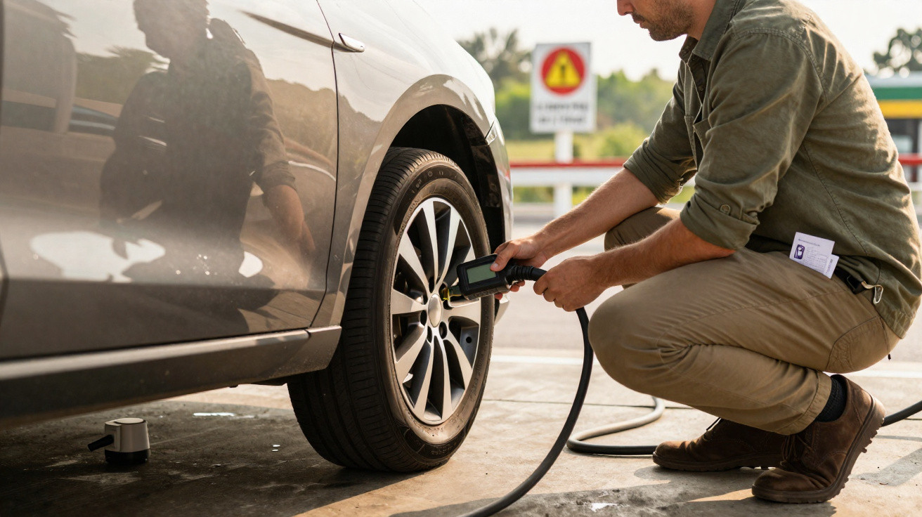 Man checking car tyre pressure at a petrol station while holding a digital pressure gauge.