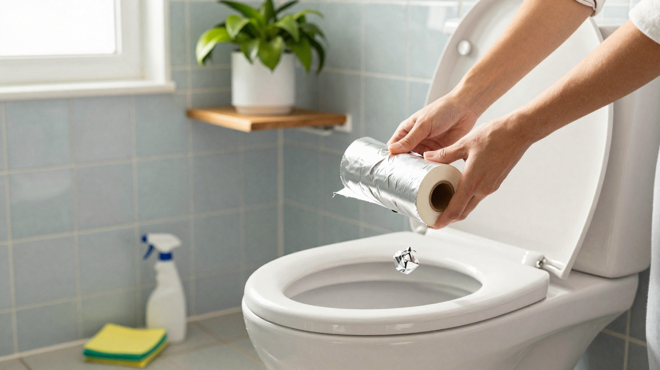 Hands dropping a crumpled piece of aluminium foil into a white toilet bowl in a tiled bathroom.