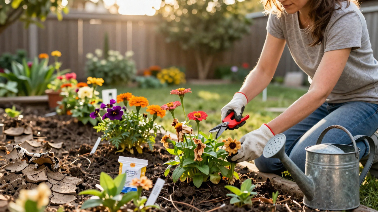 Person wearing gloves pruning flowers in a garden bed with a watering can nearby on a sunny day.