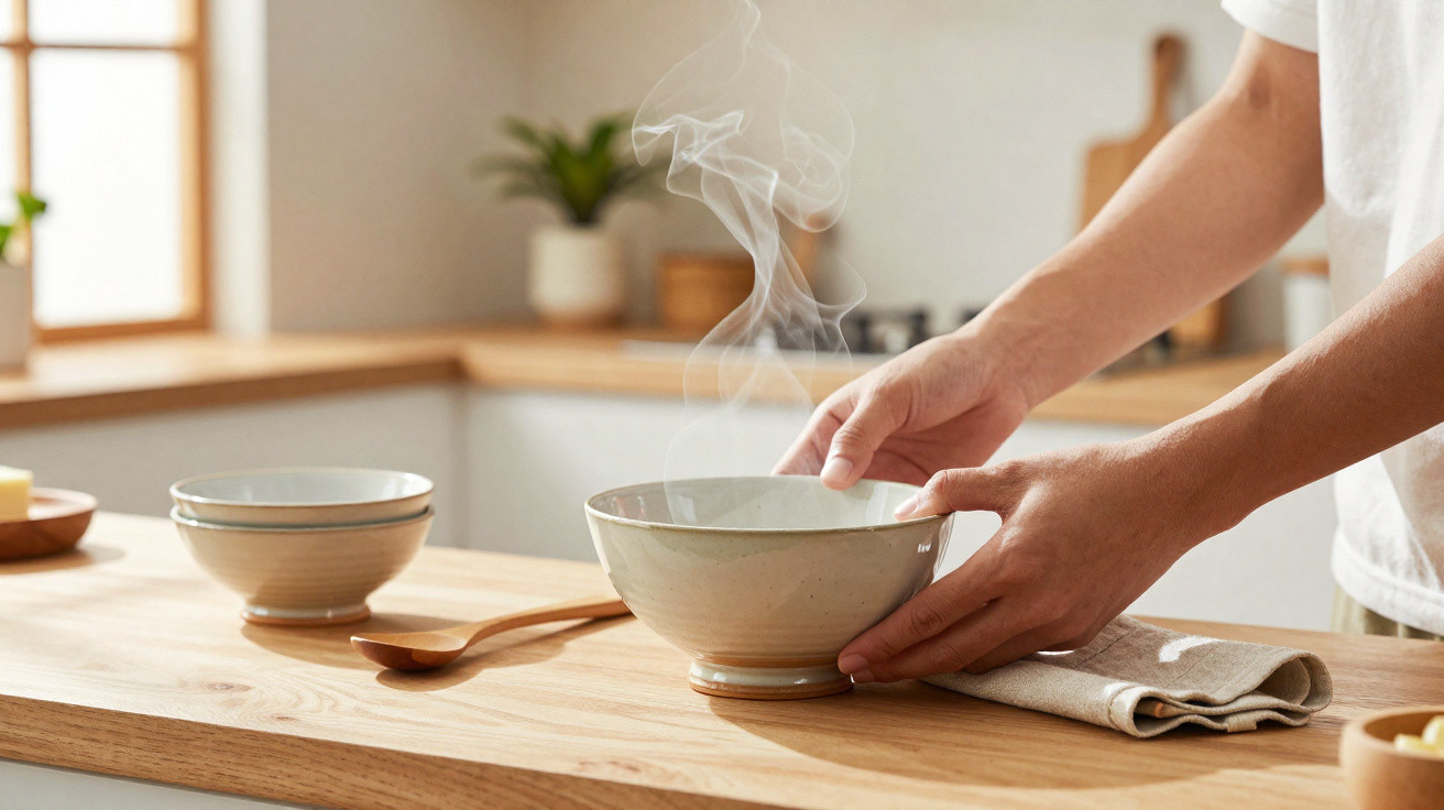 Hands holding a steaming bowl on a wooden kitchen counter with a spoon and two empty bowls nearby.