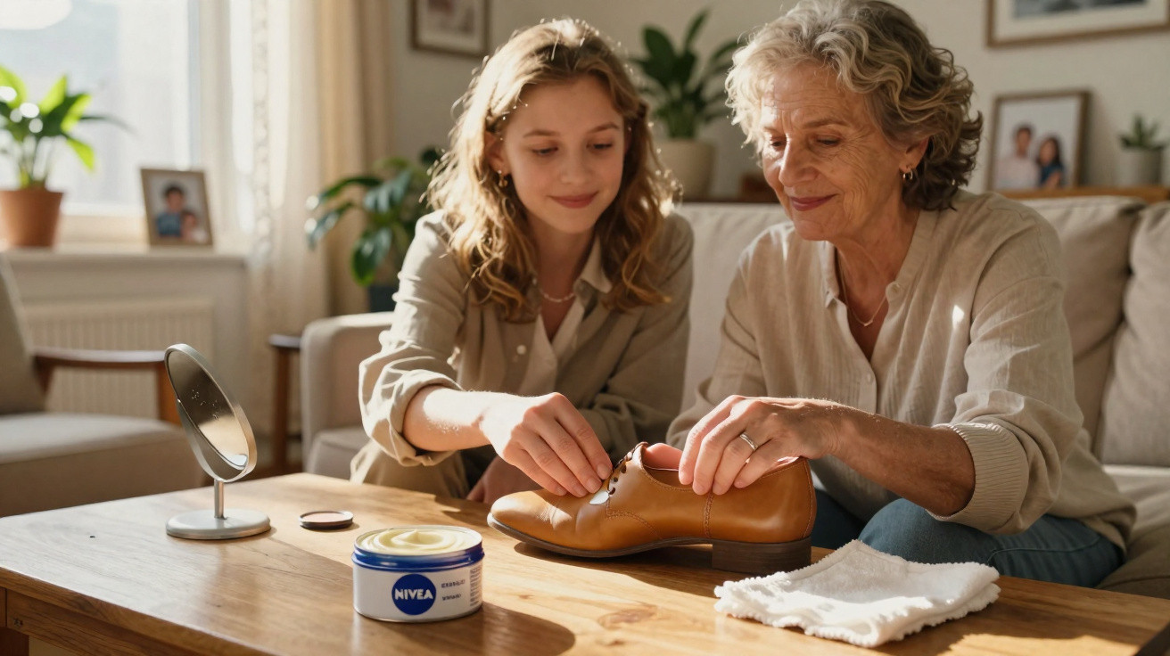 Elderly woman and young girl cleaning a leather shoe together on a wooden table in a sunlit living room.