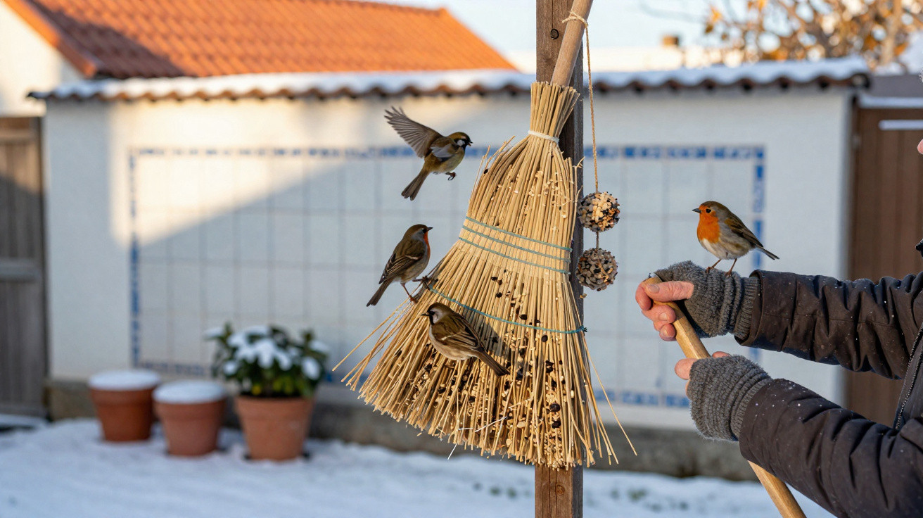 Small birds, including a robin, perch on a straw broom and bird feeders held by a person in winter garden.