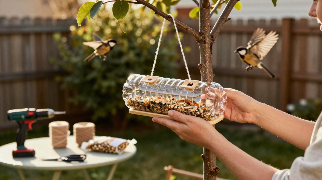 Hands hanging a clear plastic bird feeder filled with seeds on a small tree with two birds flying nearby.