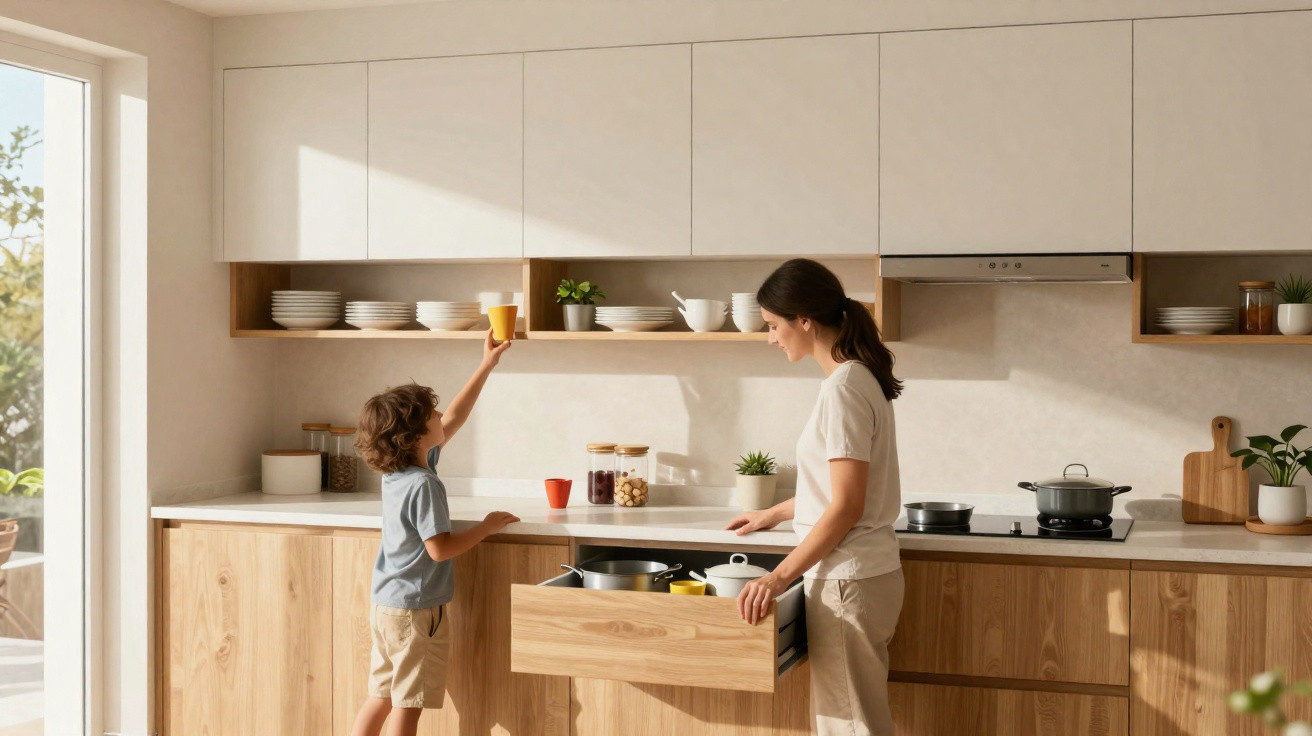 Mother and child in modern kitchen, child reaching for orange juice on open shelf, mother organizing drawer.