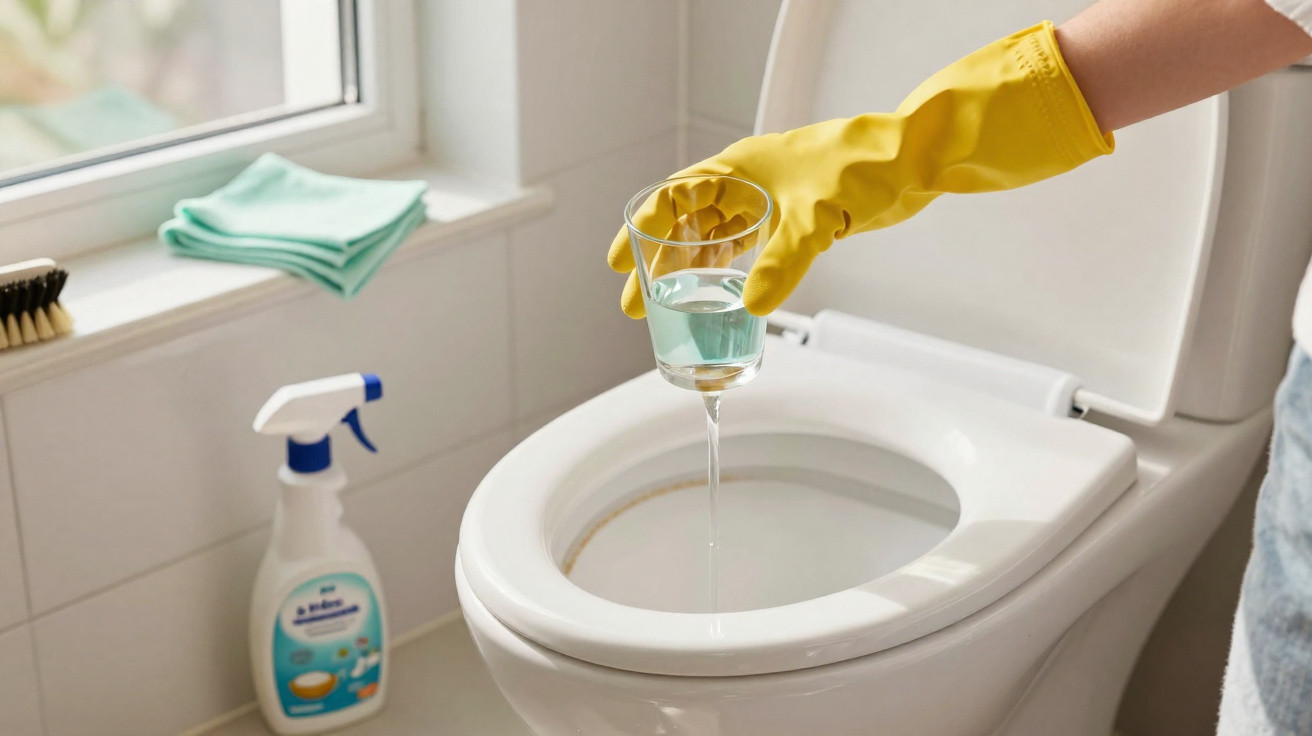 Person wearing yellow gloves pouring liquid from a glass into a white toilet bowl for cleaning.