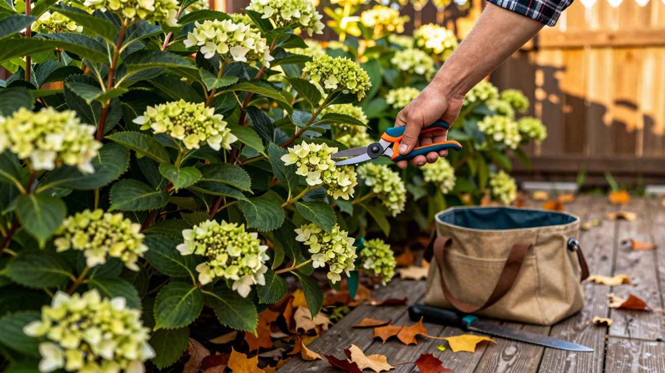 Person pruning hydrangea flowers with gardening shears on wooden deck covered with autumn leaves.