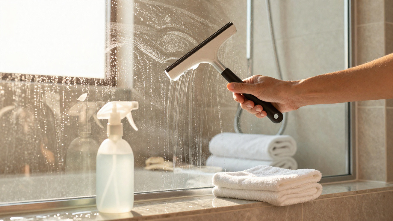 Hand using a squeegee to clean a wet shower glass with towels and a spray bottle on the windowsill.