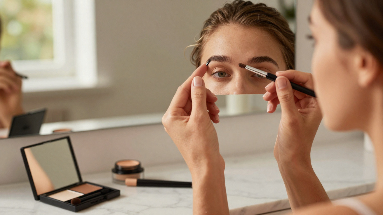Woman shaping her eyebrow using a small brush while looking into a hand mirror at a makeup station