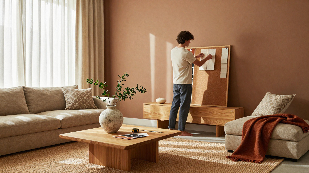 Person arranging notes on a corkboard in a warmly lit living room with beige and brown tones.