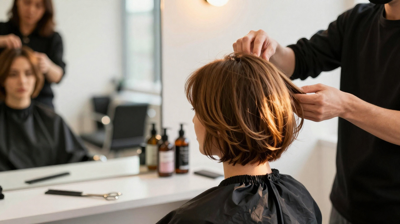 Hairdresser styling a woman’s short brown hair in a modern salon with bottles and tools on the counter.