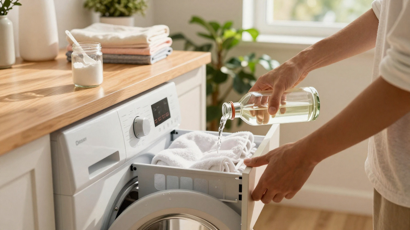 Person pouring liquid detergent into the drawer of a front-loading washing machine with folded laundry nearby.
