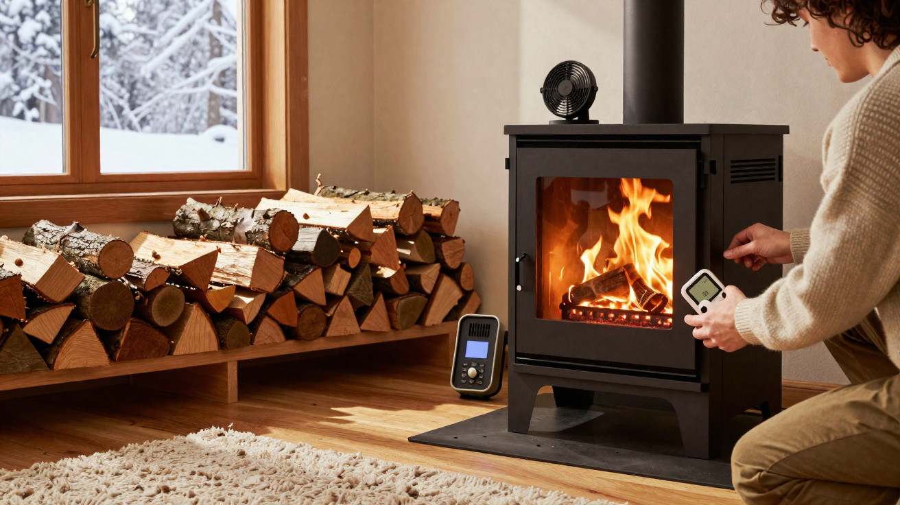 Person adjusting controls on a wood-burning stove with a roaring fire next to a stack of firewood by a snowy window.