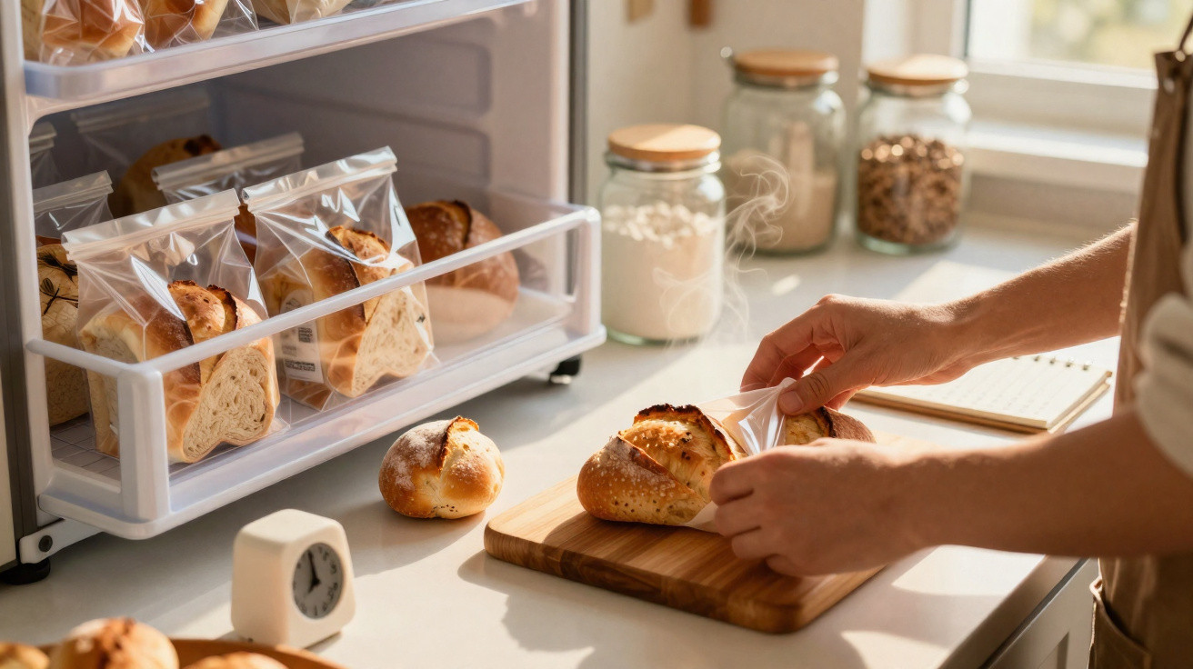 Hands placing freshly baked bread rolls into clear plastic bags on a kitchen counter by a bread warmer.