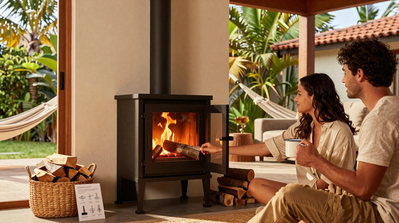 Couple sitting near a lit wood-burning stove in an open-air living space with tropical plants outside.