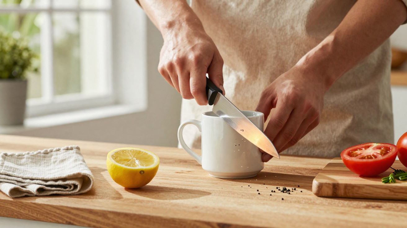 Person using a knife to prepare a white mug on a wooden surface with lemon, tomatoes, and kitchen towel nearby.