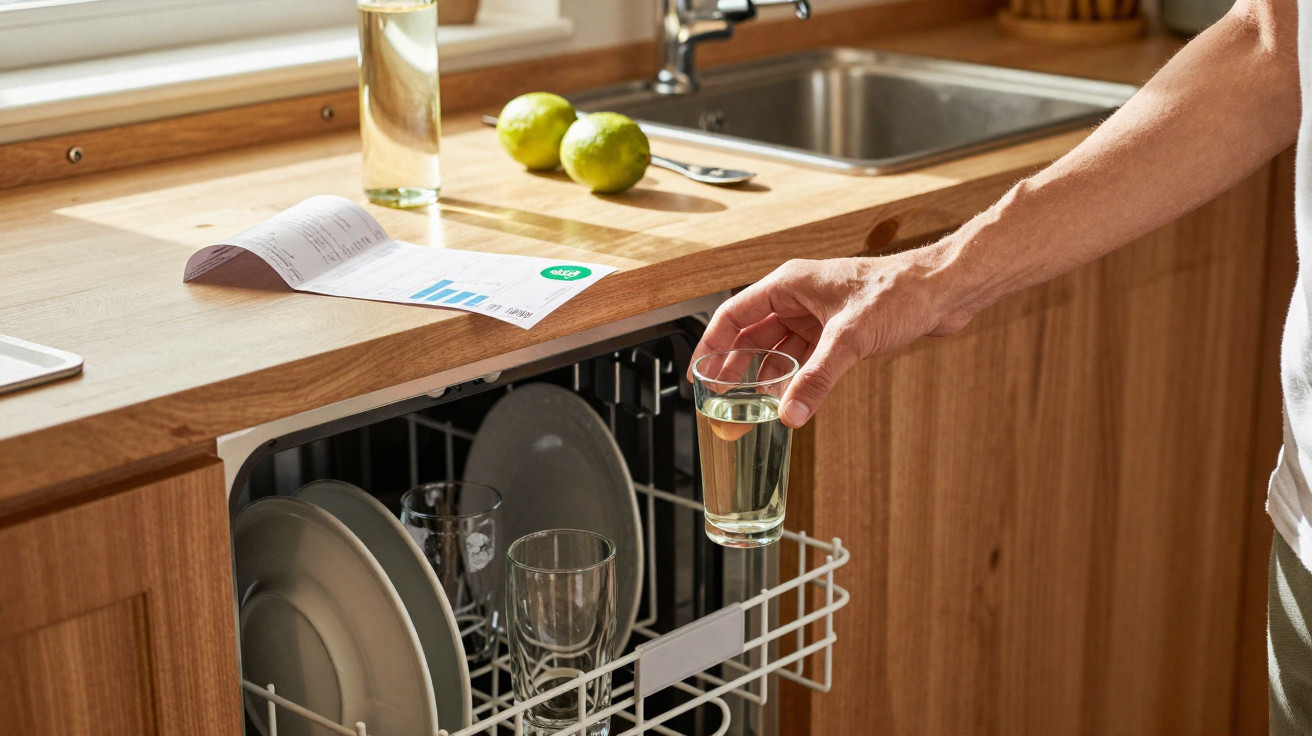 Hand placing a clean glass into a dishwasher in a wooden kitchen with limes and a receipt on the counter.