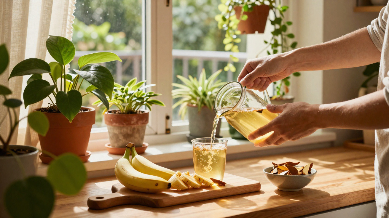 Person pouring iced tea into a glass on a wooden counter next to bananas and potted plants by a window