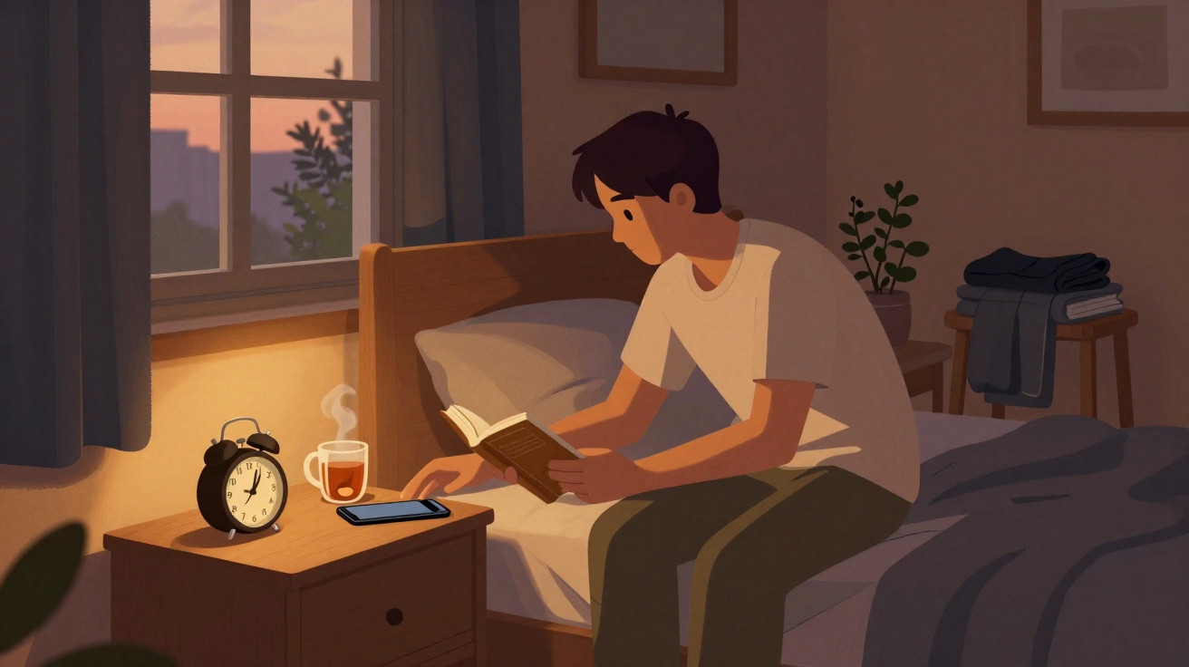 Young man reading a book in bed at sunrise with tea, alarm clock, and phone on bedside table.